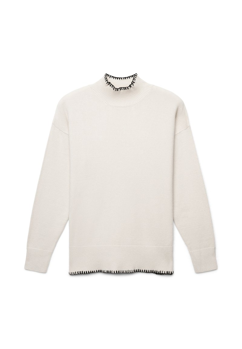 Cremefarbener Pullover mit hohem Kragen und schwarzem Rüschensaum. Mit überschnittenen Schultern und einem geraden, lockeren Schnitt. Weiche Textur.