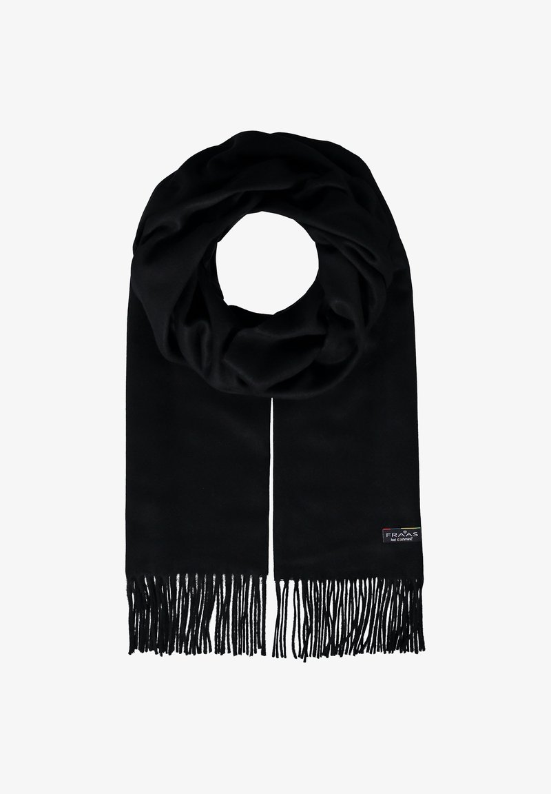 Écharpe noire en matériau doux, avec une texture lisse, de longues extrémités à franges et une petite étiquette de marque sur un bord.