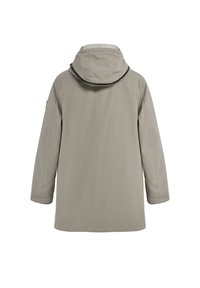 Abrigo gris claro de longitud media con capucha, que presenta un diseño simple, mangas largas y una textura suave. Incluye un acento negro contrastante.