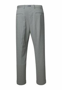Gestreepte broek in blauw en wit met een op maat gemaakte pasvorm, met een ritszak aan de achterkant en omslagjes bij de enkels. Gladde stofstructuur.