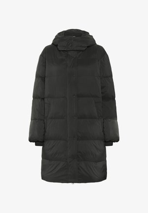 Czarna puchowa kurtka z kapturem, o pudełkowym kroju, z zatrzaskami oraz elastycznymi mankietami. Gładka faktura z pikowanym wzorem.