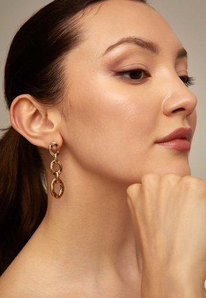Boucles d'oreilles ton or avec des formes ovales reliées, présentant une surface lisse et réfléchissante ainsi qu'un design allongé, rehaussant un look gracieux.