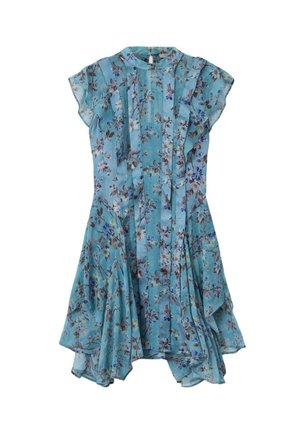 Vestito a fiori in tessuto azzurro chiaro con maniche corte a svolazzo, orlo arruffato e dettagli a pieghe. Presenta piccoli motivi floreali in viola e bianco.