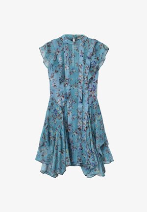Vestito a fiori in tessuto azzurro chiaro con maniche corte a svolazzo, orlo arruffato e dettagli a pieghe. Presenta piccoli motivi floreali in viola e bianco.