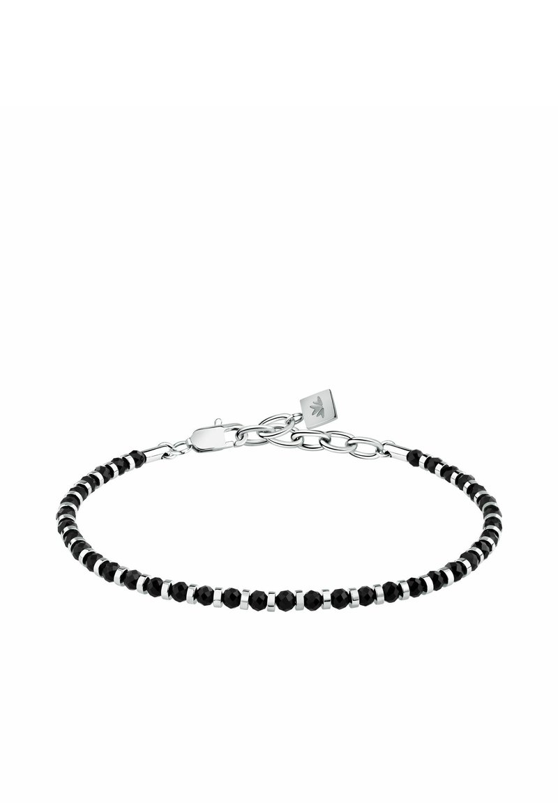 Bracciale in perle nere con perle nere lucide e accenti argentati. Fissato con un moschettone e un'estensione a catena argentata.