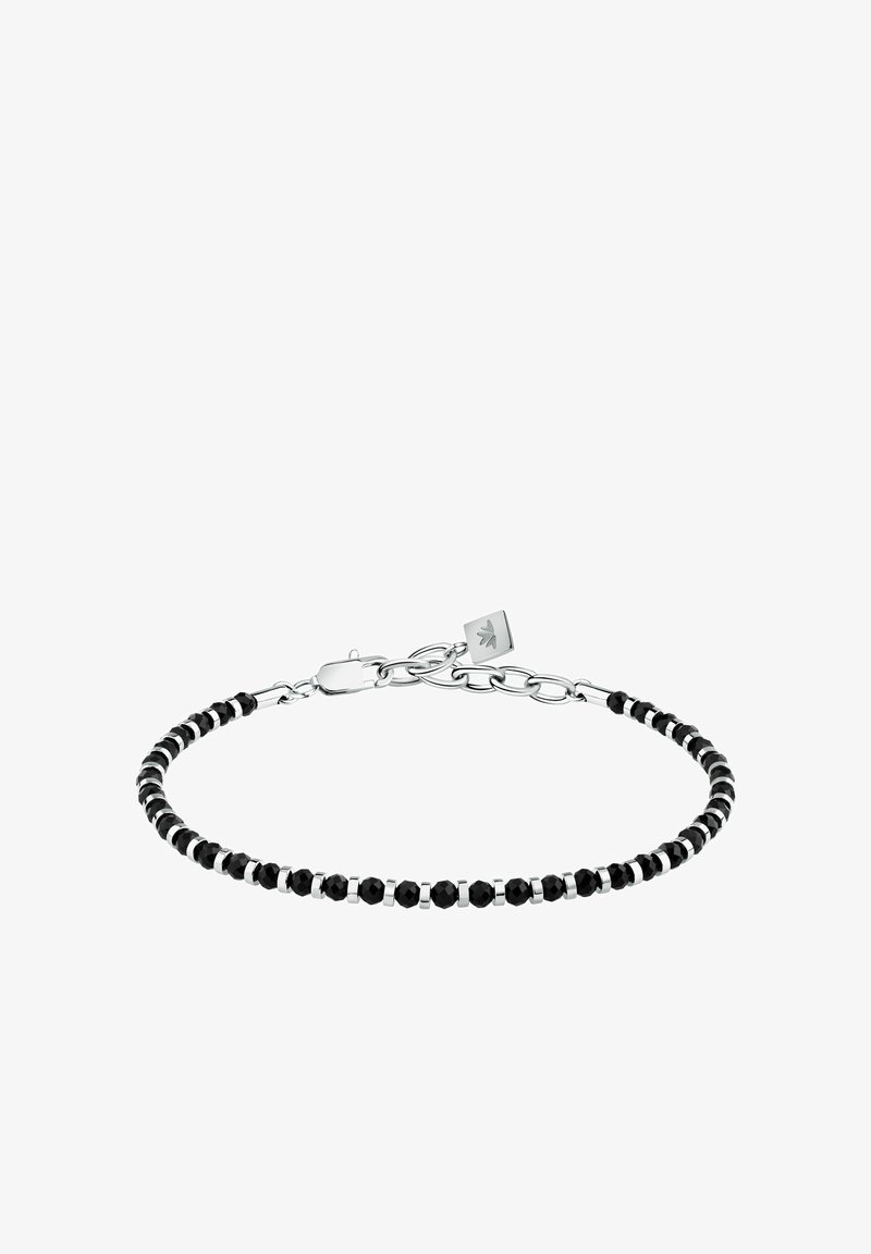 Bracciale in perle nere con perle nere lucide e accenti argentati. Fissato con un moschettone e un'estensione a catena argentata.