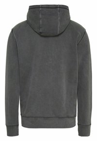 Ciemnoszara bluza z kapturem, z długimi rękawami, prążkowanymi mankietami i dołem, pokazana z tyłu na białym tle.