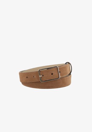 Suede brown belt with a smooth texture, rectangular silver buckle, and multiple holes for adjustment. Flat design with rounded edges.
