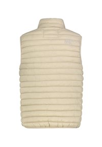 Beige, gesteppte, ärmellose Steppweste mit hohem Kragen und "SUB LEVEL" bestickt auf dem oberen Rücken, vor weißem Hintergrund präsentiert.