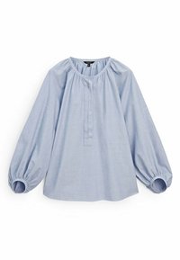 Blouse bleu clair à manches longues avec encolure ronde froncée, patte de boutonnage à l'avant et poignets élastiqués sur des manches ballons.