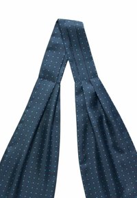 Laivaston sininen solmio, jossa on pieniä, tasaisesti sijoitettuja vaaleansinisiä pilkkuja. Valmistettu sileästä kankaasta, jossa on terävä pää, ja se esittelee klassisen muotoilun.