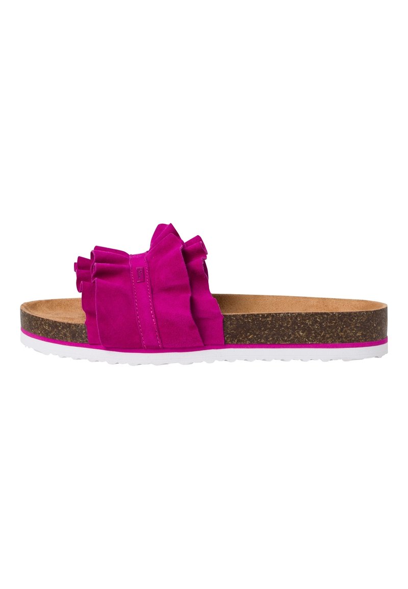 Fuchsia slide sandal with a textured fabric upper featuring ruffled accents, a cork footbed, and a white rubber sole.