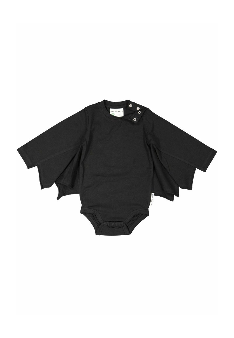 Svart bomullsbody med långa kappa-liknande ärmar, med tryckknappar vid axlarna och i botten för enkel påklädning.