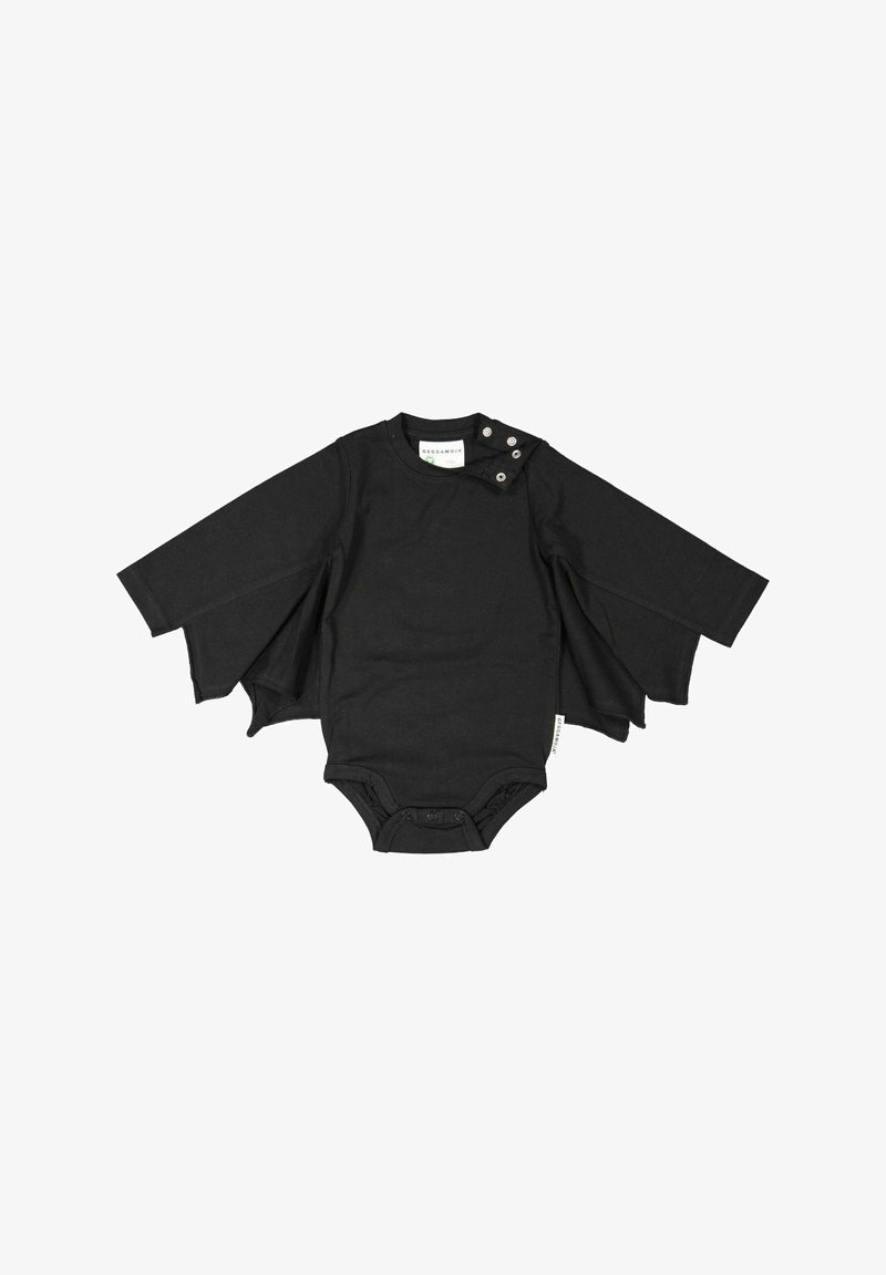 Svart bomullsbody med långa kappa-liknande ärmar, med tryckknappar vid axlarna och i botten för enkel påklädning.