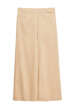Beżowe spodnie o szerokich nogawkach, z talią sięgającą do połowy wysokości i gładkim materiałem, pokazane rozłożone na białym tle.