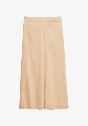 Pantalon beige à jambes larges avec une taille mi-haute et un tissu lisse, présenté à plat sur un fond blanc.