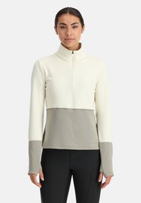 Helle Creme Zip-Up Sweatshirt mit einem grauen Einsatz an der Taille und grauen Akzenten an den Ärmeln. Weicher Stoff, Kragen-Design für zusätzlichen Komfort.