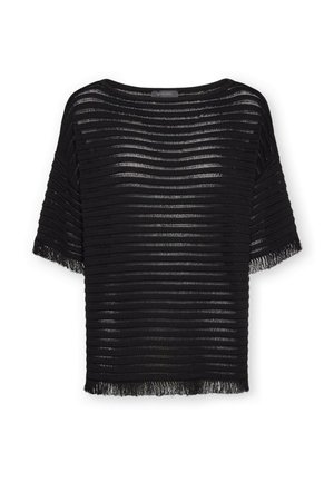 Czarny krótki sweter z krótkim rękawem, z poziomymi przezroczystymi paskami i frędzlami na rękawach oraz dolnej krawędzi.