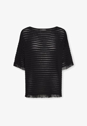 Top negro de punto de manga corta con rayas horizontales abiertas y bordes con flecos en las mangas y el dobladillo.