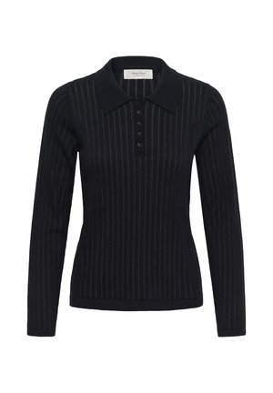 Crna dugih rukava polo majica s vertikalnom rebrastom teksturom, s klasičnim okovratnikom i pet dugmadi; mekani pleteni materijal.