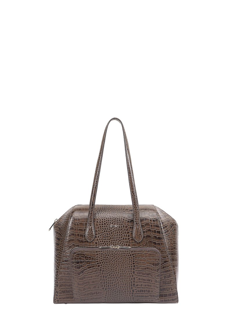 Sac fourre-tout en cuir embossé crocodile brun avec deux poignées, une fermeture zippée et une poche avant. Texture lisse et design structuré.