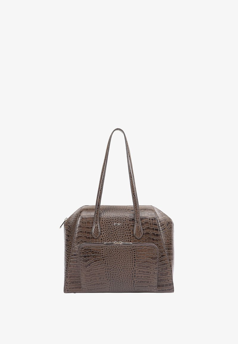 Sac fourre-tout en cuir embossé crocodile brun avec deux poignées, une fermeture zippée et une poche avant. Texture lisse et design structuré.