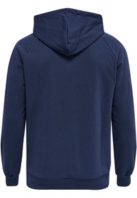 Námorníckomodrá mikina s kapucňou vyrobená z mäkkého materiálu, s klokankovou kapsou a rebrovanými manžetami, s hladkou textúrou a voľným strihom.
