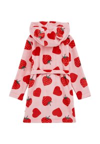 Medvilninis chalatas su gaubtu, minkšta rožinė medžiaga su raudonų braškių ir širdelių raštu, ilgos rankovės, surišamas diržas ties liemeniu.