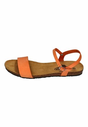 Orange leather sandal featuring a wide front strap and a crisscross ankle strap, with a cork sole and textured footbed.