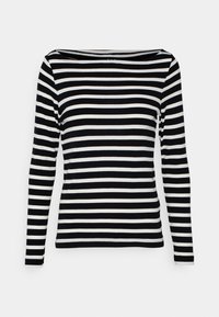 Camisetta a righe in bianco e nero a maniche lunghe con scollatura a barca, realizzata in tessuto morbido, con righe orizzontali di larghezze variabili.