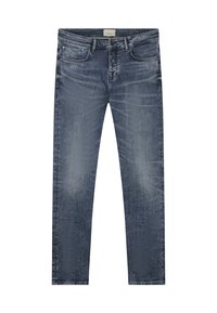 Jeans slim bleu foncé avec légère décoloration sur les cuisses, design cinq poches, passants de ceinture et fermeture par bouton.