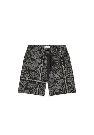 Short noir à cordon avec motifs bandana gris paisley et floraux, taille élastique et longueur mi-cuisse.