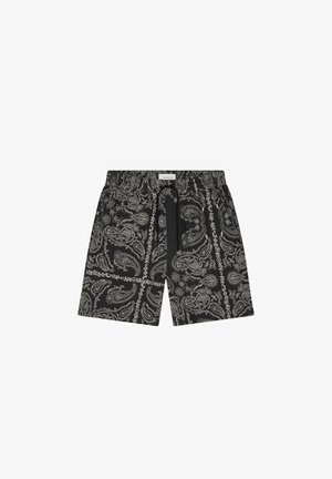 Short noir à cordon avec motifs bandana gris paisley et floraux, taille élastique et longueur mi-cuisse.