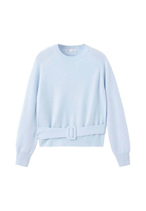 Jersey de punto de manga larga en azul claro con cuello redondo y puños acanalados, que incluye un cinturón a juego con hebilla rectangular en la cintura.