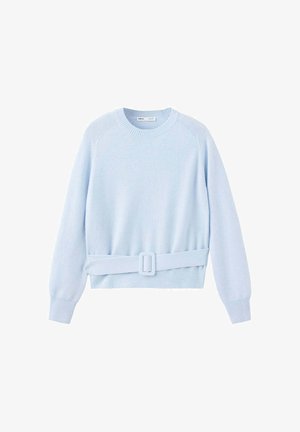 Jersey de punto de manga larga en azul claro con cuello redondo y puños acanalados, que incluye un cinturón a juego con hebilla rectangular en la cintura.