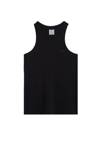 Zwarte mouwloze tanktop van katoen, met een ronde hals en een klein logo aan de linkerkant. Zachte textuur, eenvoudig ontwerp.