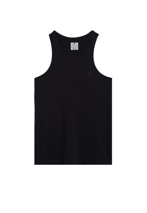 Zwarte mouwloze tanktop van katoen, met een ronde hals en een klein logo aan de linkerkant. Zachte textuur, eenvoudig ontwerp.