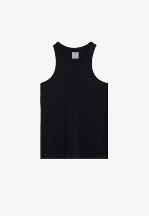 Zwarte mouwloze tanktop van katoen, met een ronde hals en een klein logo aan de linkerkant. Zachte textuur, eenvoudig ontwerp.