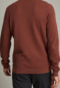 Pull en tricot couleur rouille avec un motif texturé, poignets et ourlet côtelés. Vue de dos et de côté, avec une étiquette en bas à gauche.