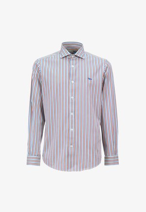 Męska koszula z długim rękawem w wielokolorowy paski w odcieniach czerwonym, niebieskim i białym, z kołnierzykiem zapinanym na guziki oraz logo na piersi.