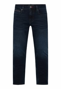 Jeans de corte slim en azul oscuro con botón frontal, cremallera, cinco bolsillos y un ligero desgastado en los muslos y las rodillas.