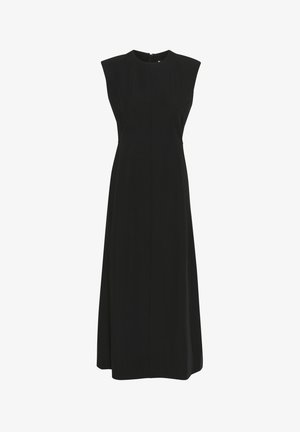 Abito maxi senza maniche di colore nero, con scollatura rotonda, taglio dritto e una discreta cucitura centrale. Tessuto liscio senza motivi o decorazioni.
