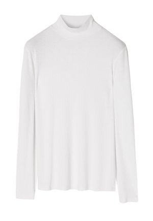 Top a maniche lunghe bianco a costine con un design aderente, texture liscia e orlo dritto. Senza motivi o decorazioni visibili.