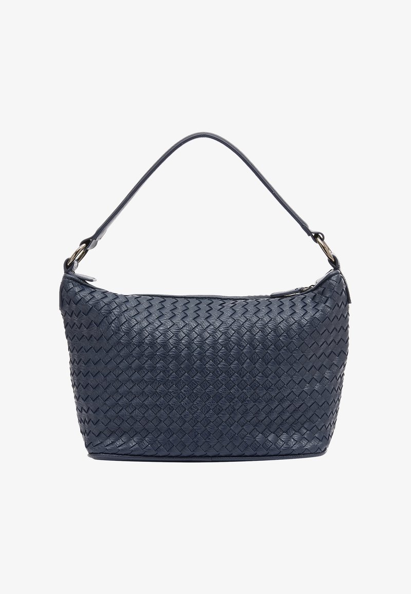 Tengerészkék szőtt bőrtáska kerek formával, egyetlen fogantyúval és cipzáras záródással. Texturált felület, bonyolult kosárszövés mintával.