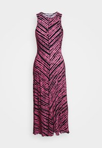 Bezramionna suknia maxi w różowym i czarnym kolorze z wzorem w zygzak, posiada okrągły dekolt i zwiewny dół. Wykonana z lekkiego materiału.