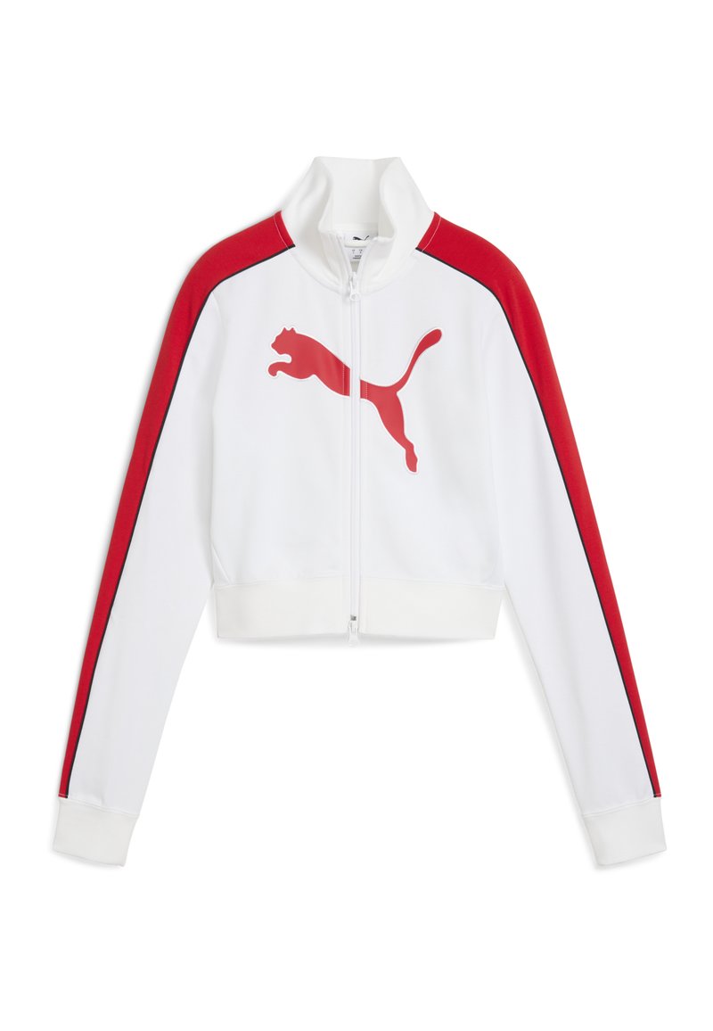 Veste blanche zippée avec des accents rouges et des garnitures noires. Dotée d'un grand logo Puma rouge sur le devant. Design crop avec des manches longues.