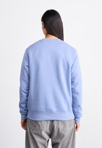 Light blue sweatshirt made of soft fabric, featuring a crew neckline and ribbed cuffs. Visible stitching details enhance design.