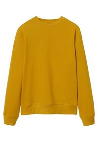 Senfgelbes Sweatshirt aus weicher Baumwolle. Verfügt über einen Rundhalsausschnitt, lange Ärmel und einen ribbelten Saum sowie Bündchen. Schlichtes Design, ohne Muster.