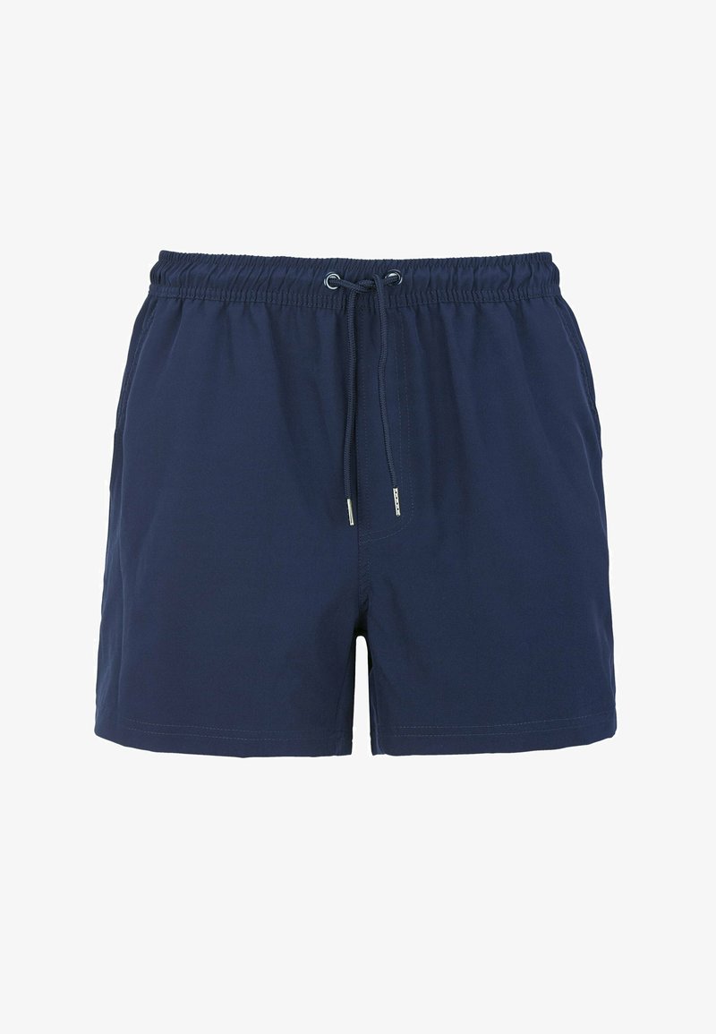 Marineblauwe zwembroek met een elastische tailleband, trekkoordsluiting, zijzakken en een gladde, lichtgewicht stof.