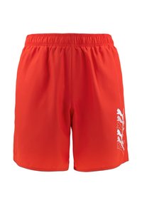 Pantalones cortos deportivos rojos con una banda elástica en la cintura, que presentan un diseño gráfico blanco en el lateral y están hechos de un tejido suave y ligero.